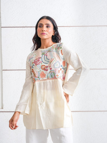 A Dreamy Hand Embroidered Tunic Top in Pure Handloom Silk - Spin Wheel