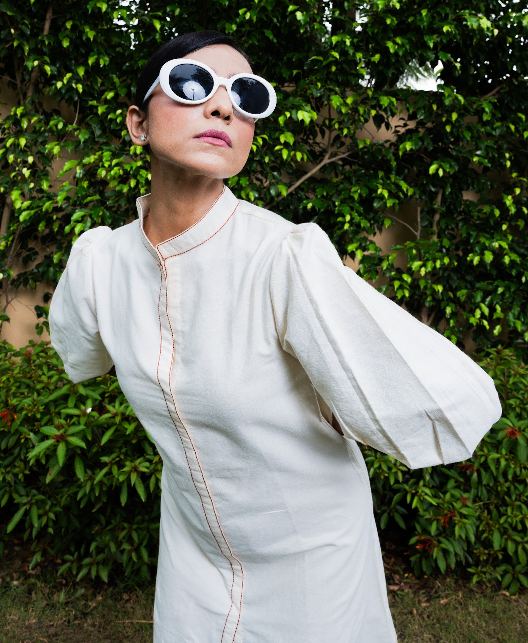 Contract Stiched Detailed Khadi Cotton Dress - Mandarin Collar + Puffed Sleeves - Spin Wheel
