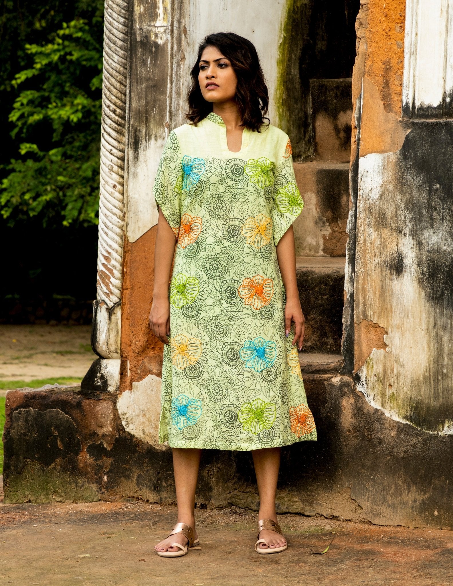 Hand Block Printed Summer Dress And A Hand Embroidery Fancy - Spin Wheel