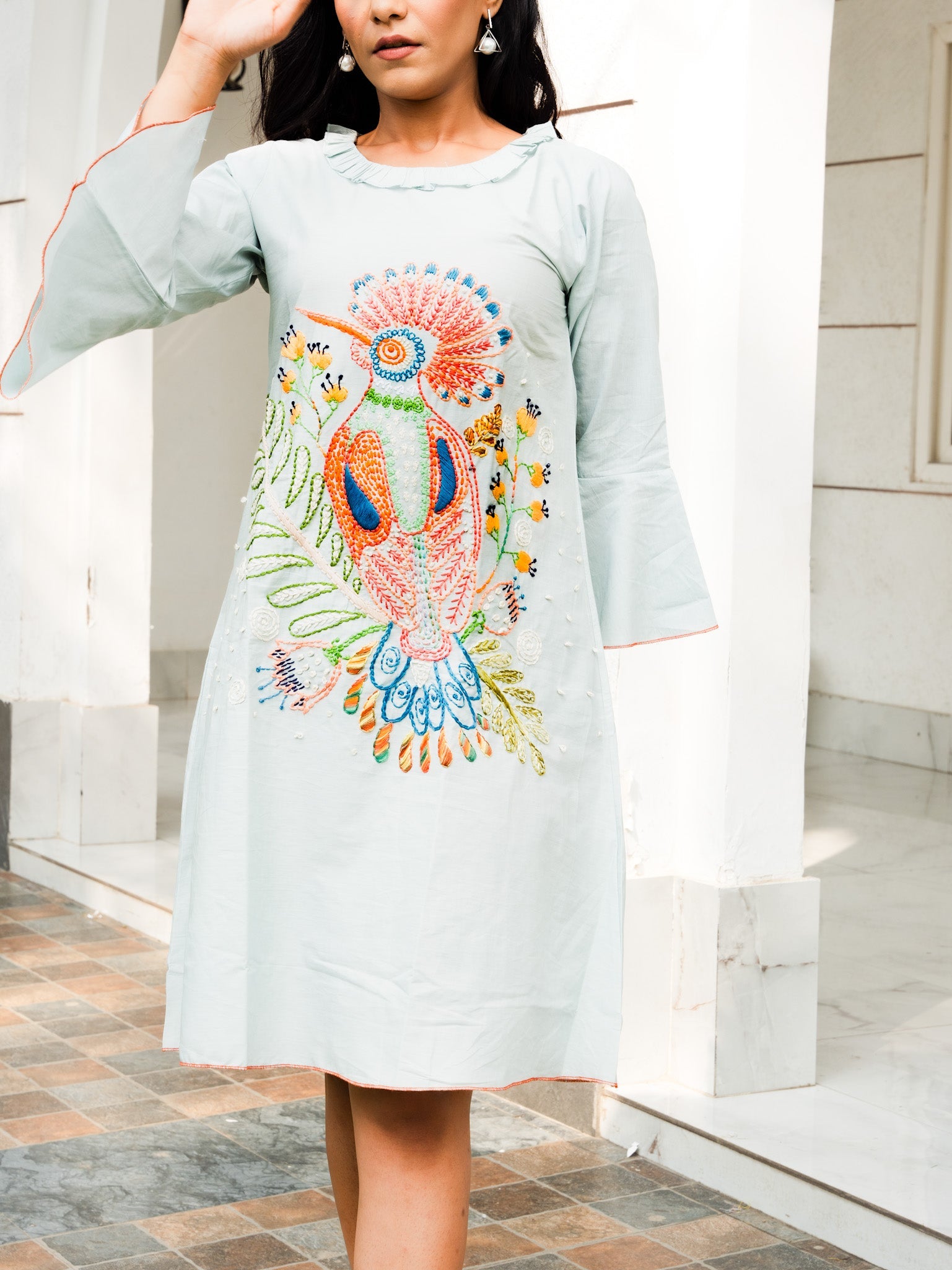 Handmade Bird Embroidery A-line Flared Dress In Handloom Cotton
