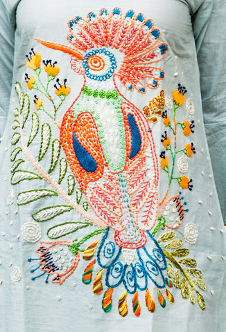 Handmade Bird Embroidery A-line Flared Dress In Handloom Cotton - Spin Wheel