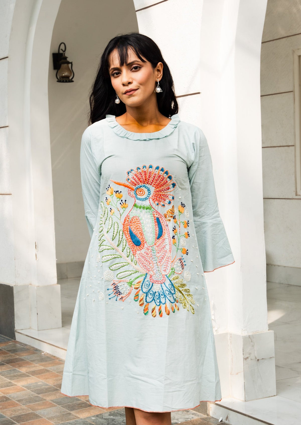 Handmade Bird Embroidery A-line Flared Dress In Handloom Cotton - Spin Wheel