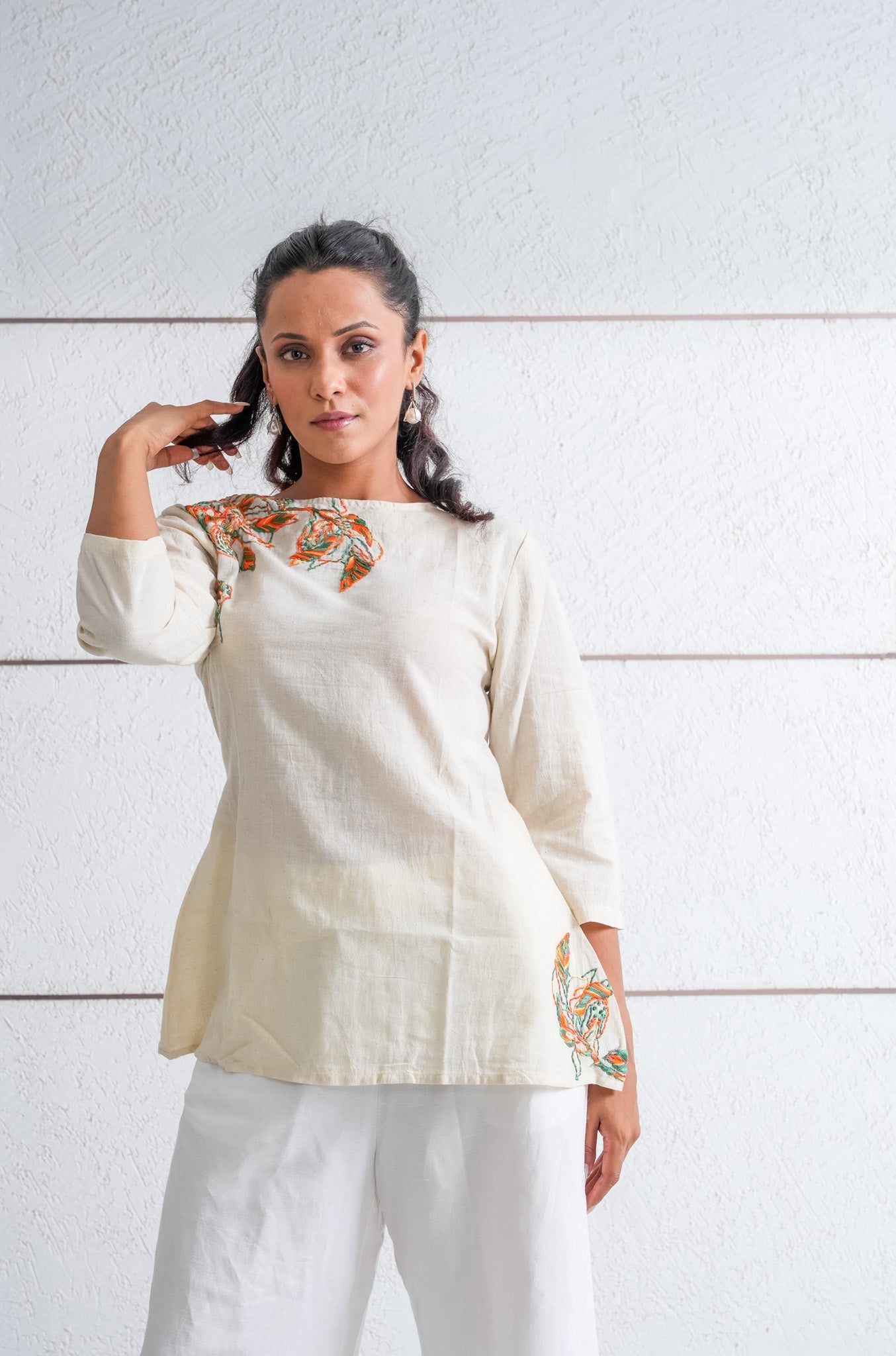 Leafy Hand Embroidery Casual Tunic Top - Spin Wheel
