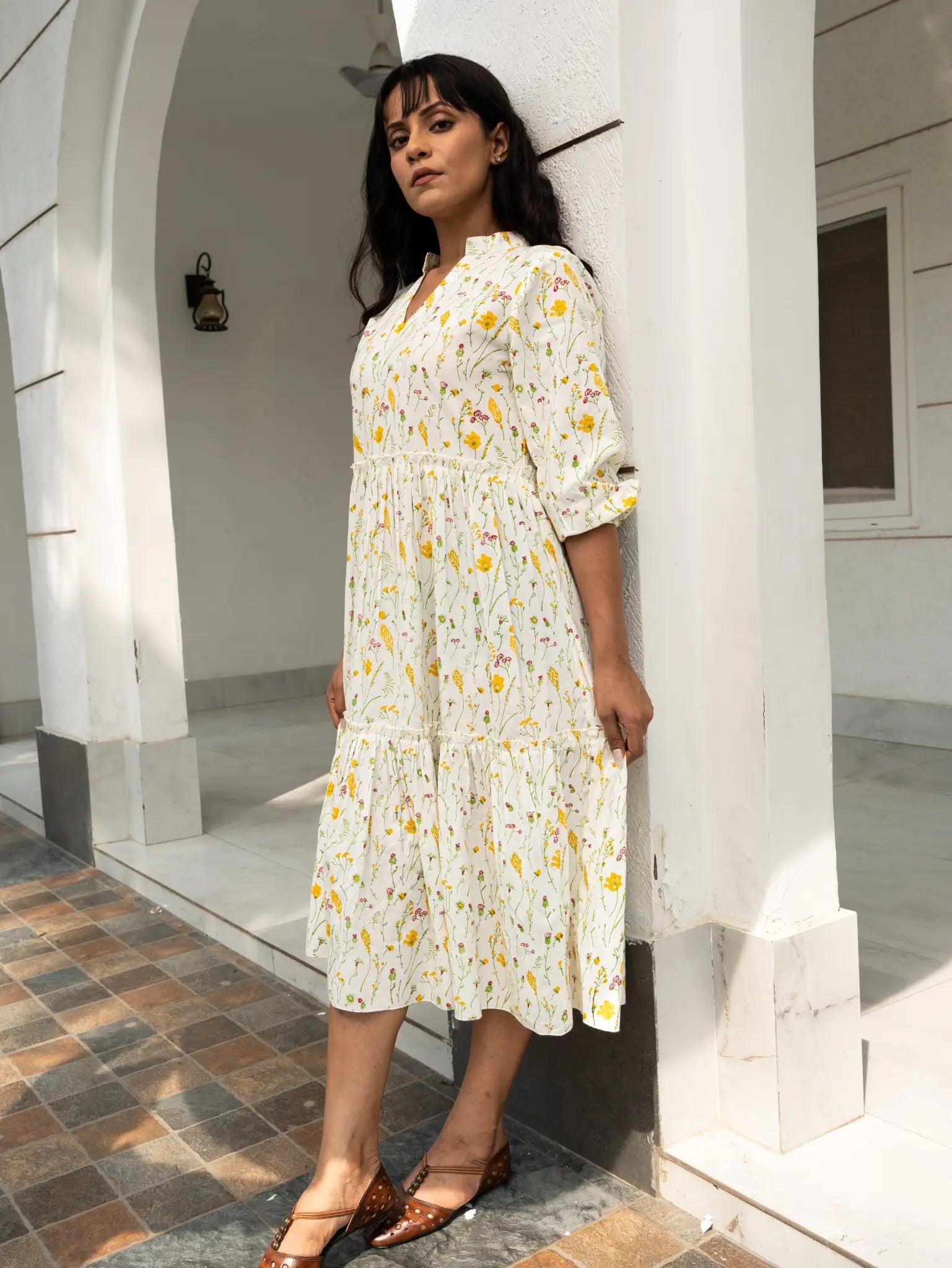 Miniature Grass Flower Hand Block Printed Fit & Flare Dress In Pure Handloom Cotton - Spin Wheel