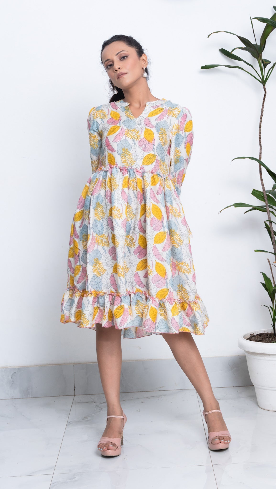 Multi-hue Hand Block Printed Princess-line Dress in Pure Hand Weave Silk - Spin Wheel