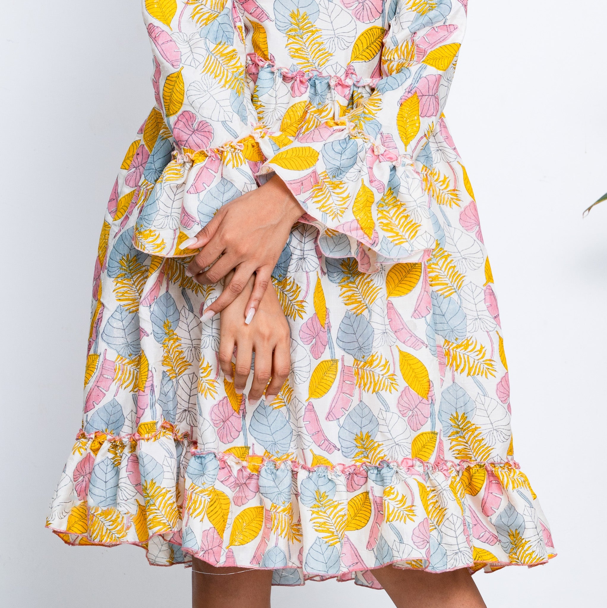 Multi-hue Hand Block Printed Princess-line Dress in Pure Hand Weave Silk - Spin Wheel