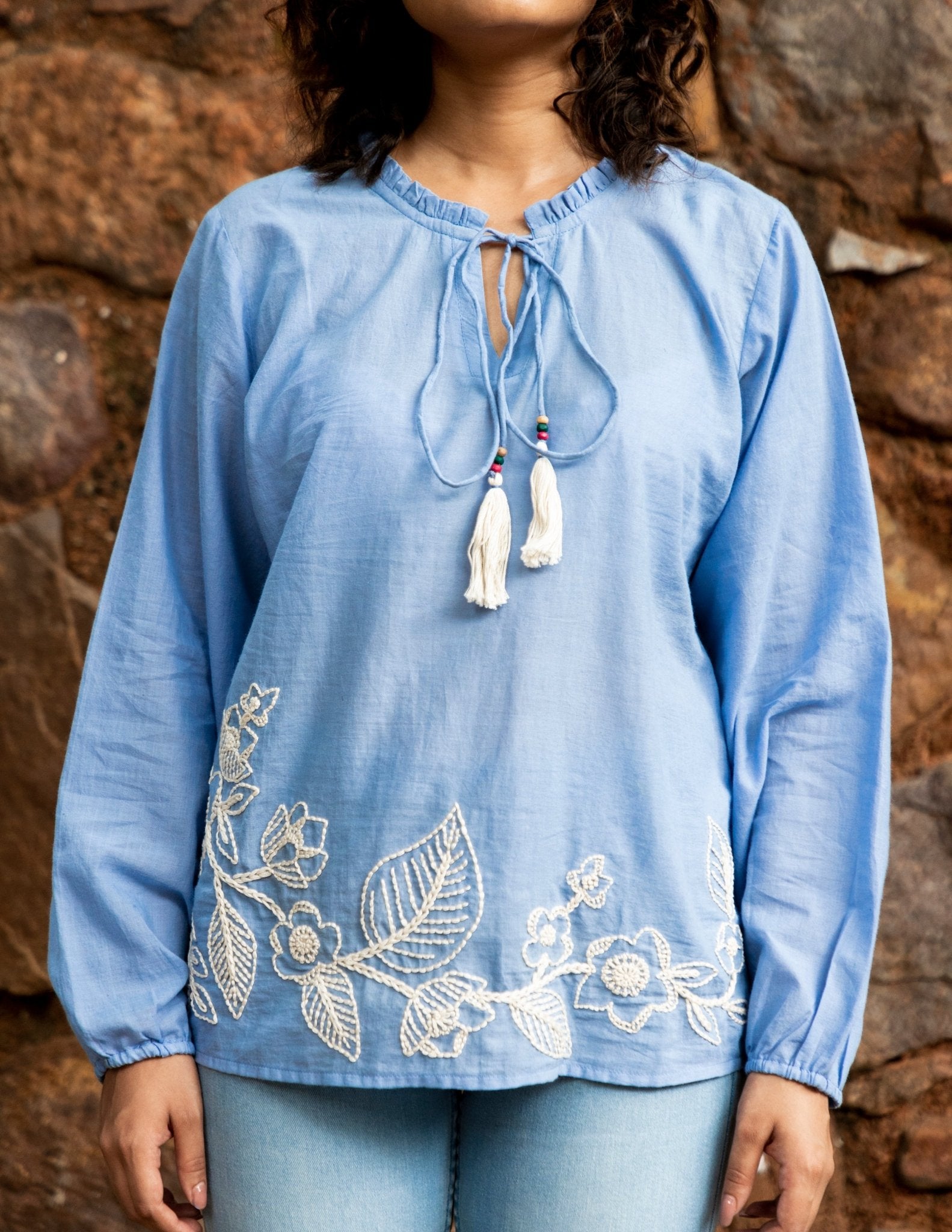 Nature Inspired Hand Embroidered Tunic Top in Handloom Cotton - Spin Wheel
