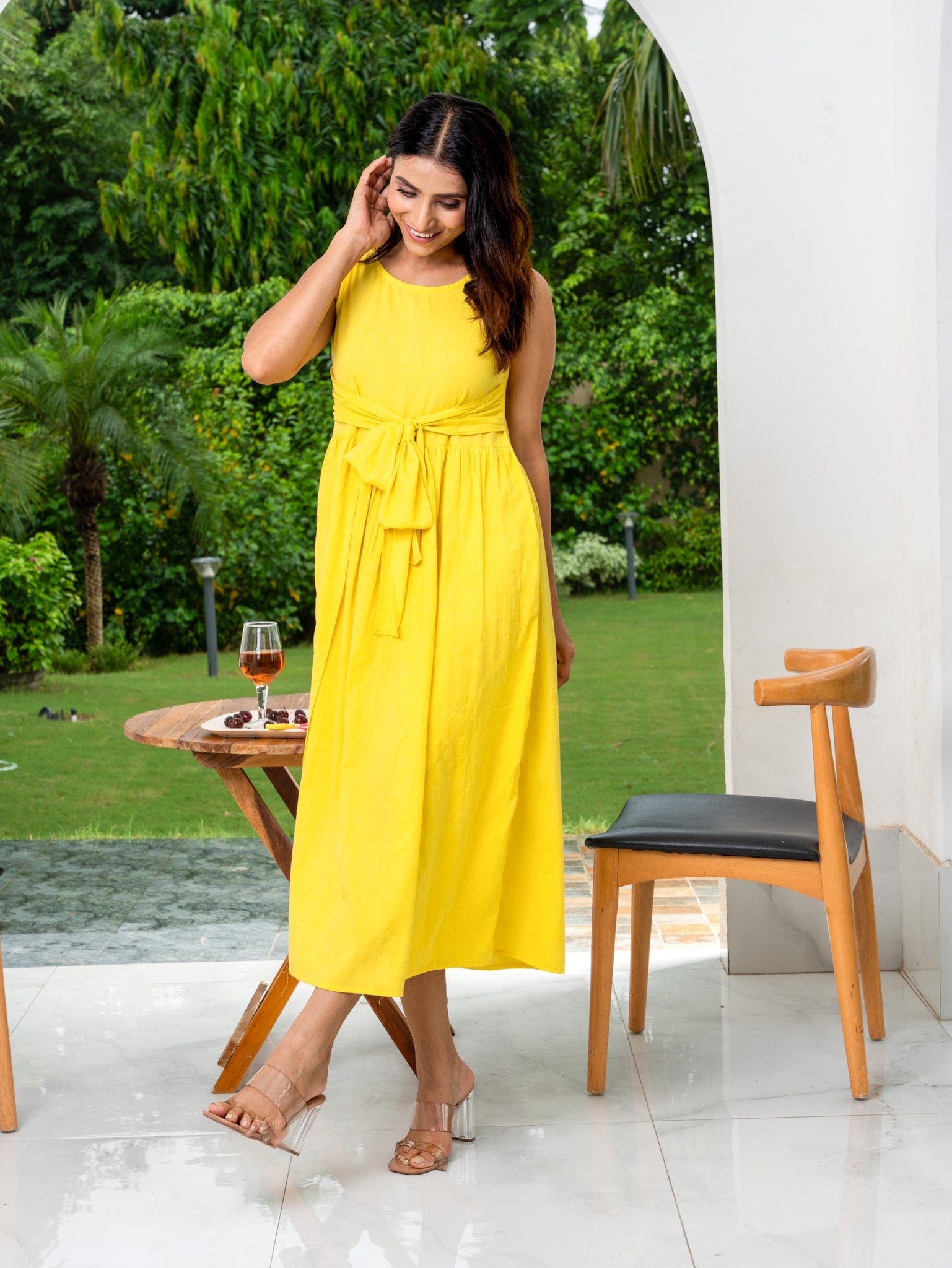 Sunshine-yellow Hand-dyed Gown Style Dress in Handloom Cotton - Spin Wheel